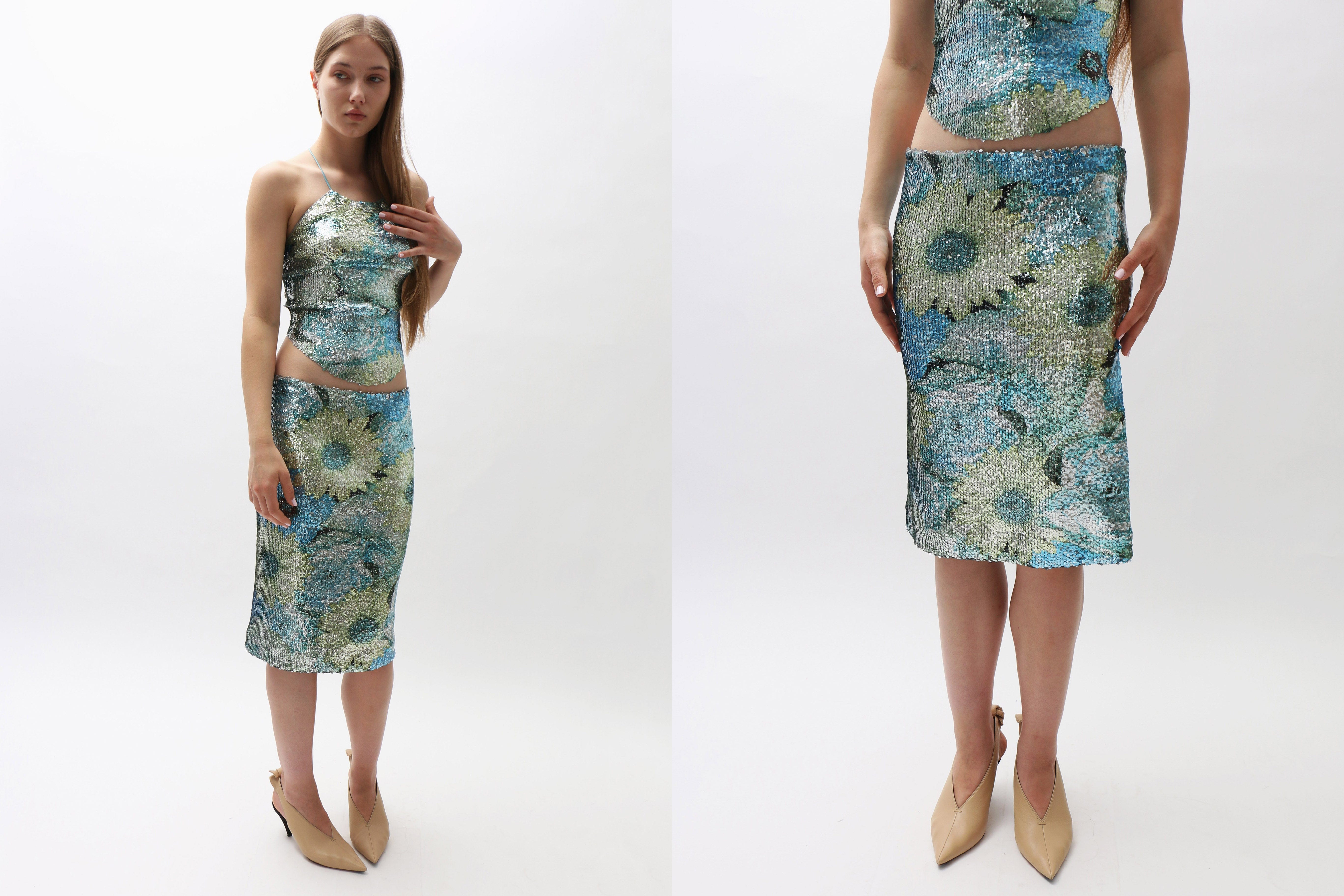 Maimoun Priscavera Silver Dew Sequin Skirt