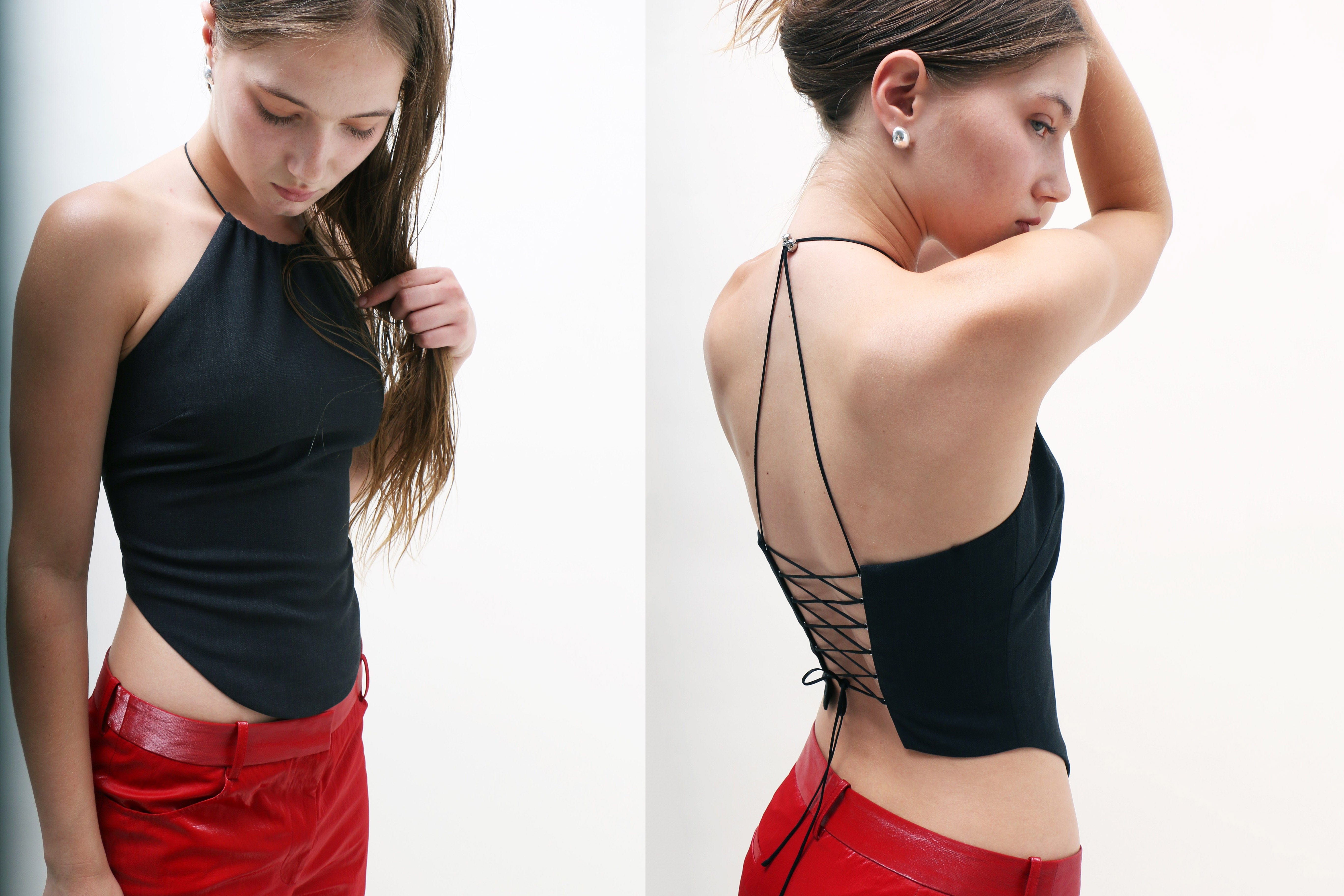 Maimoun Priscavera Carbone Lace Up Halter Top