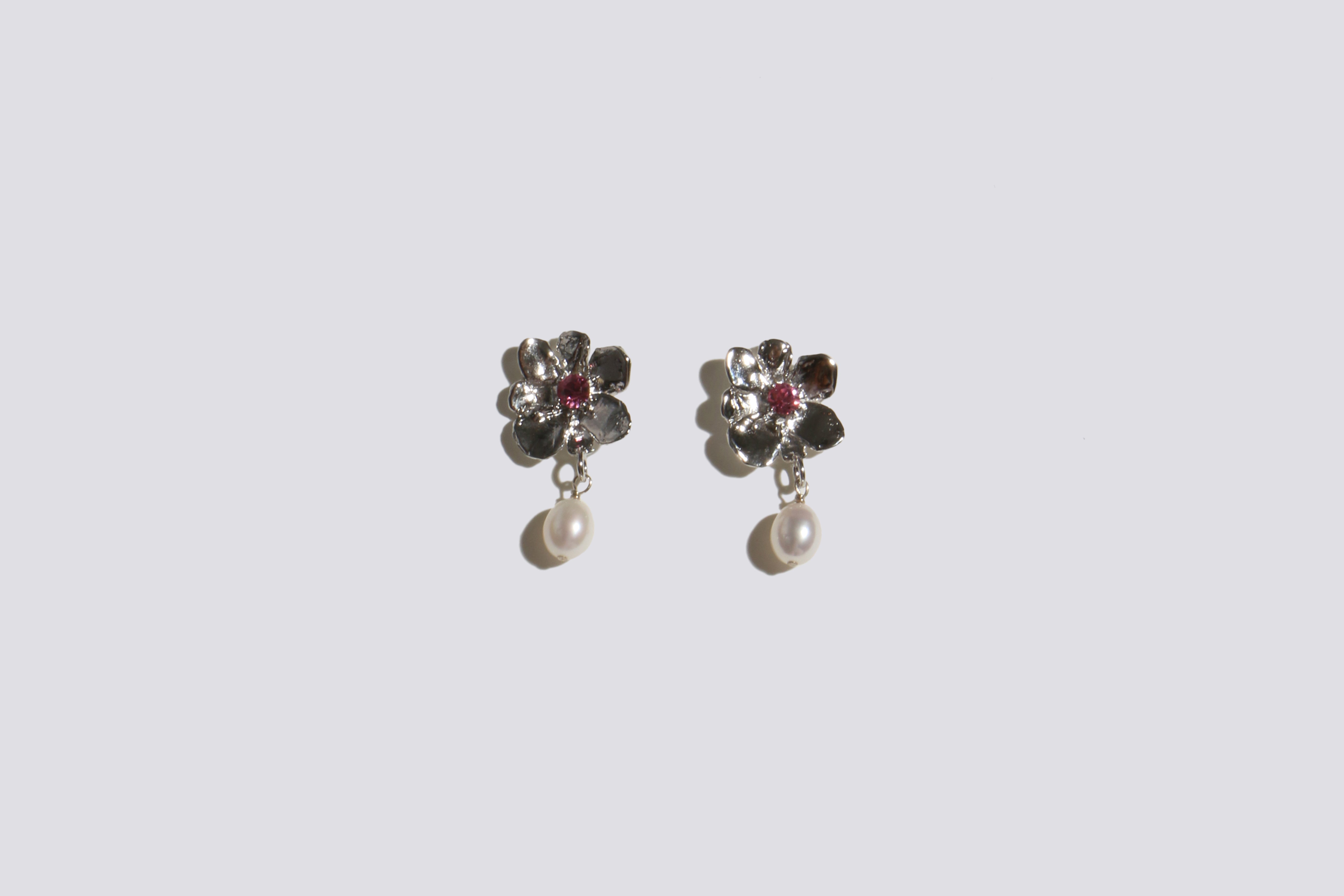 Silver Flower Pearl Drop Earrings