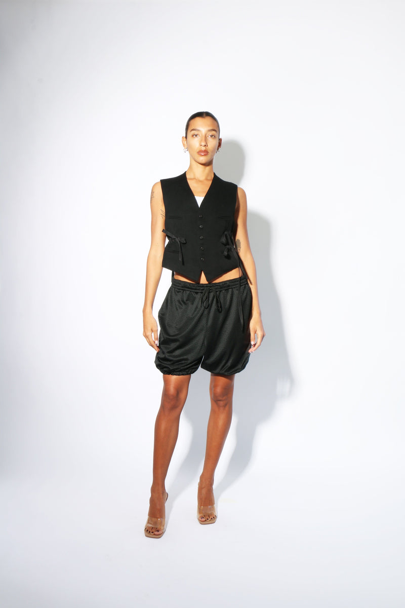 BUNON silk V-neck Ribbon Vest　ブラック Banzo ~ Black Banzo Ribbon Vest | MAIMOUN