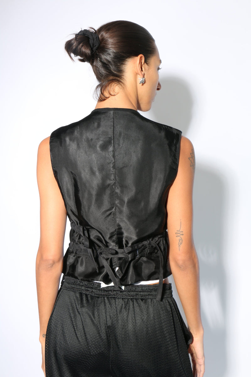 BUNON silk V-neck Ribbon Vest　ブラック Banzo ~ Black Banzo Ribbon Vest | MAIMOUN