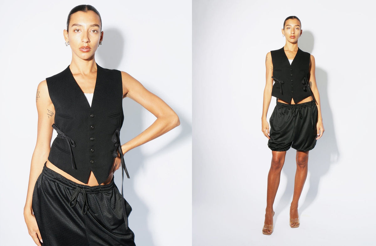 BUNON silk V-neck Ribbon Vest　ブラック maimoun-banzo-vest-black-banzo