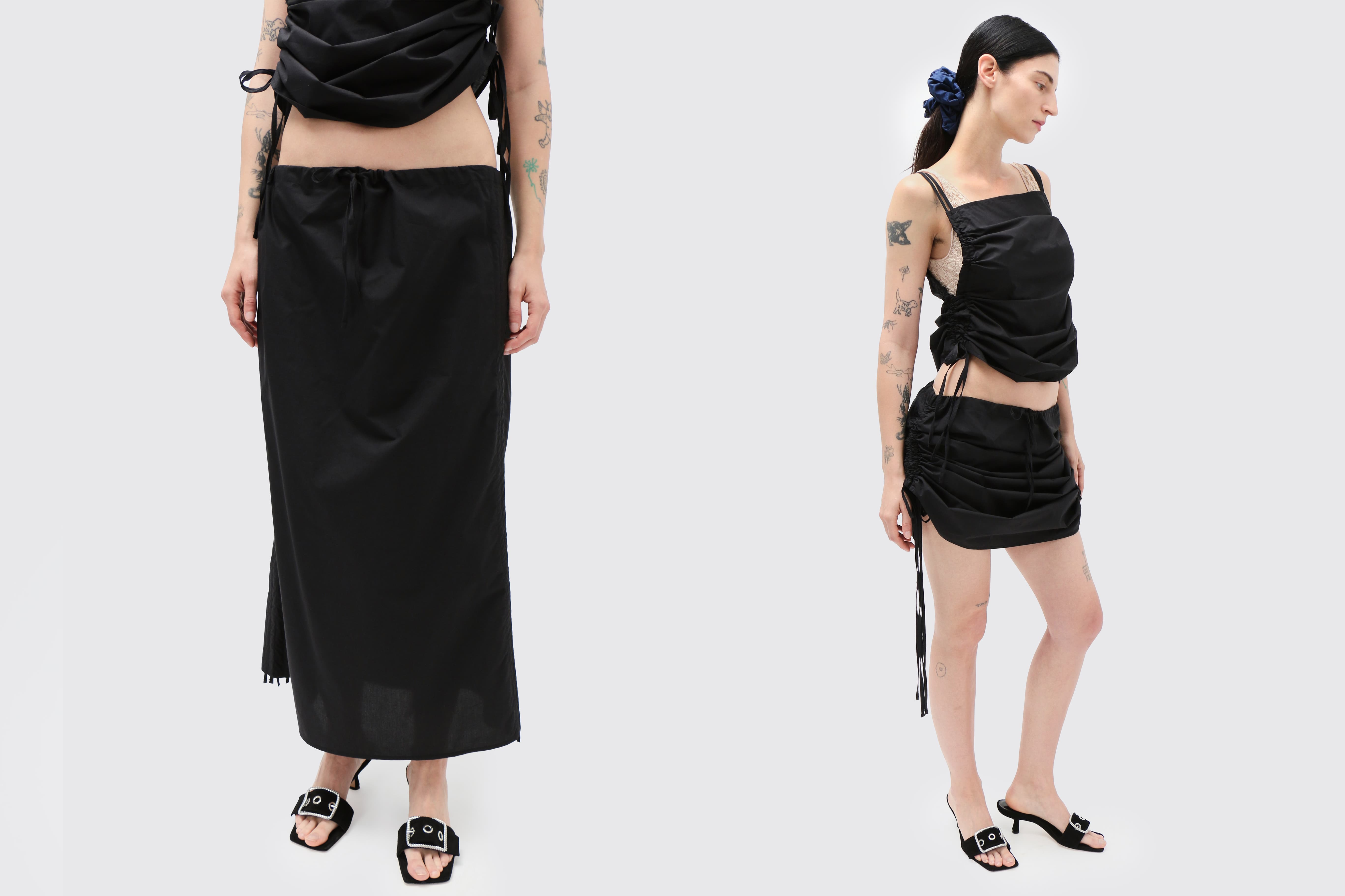 【BASERANGE】PICTORIAL STRAP SKIRT Baserange ~ Black Pictorial Strap Skirt | MAIMOUN