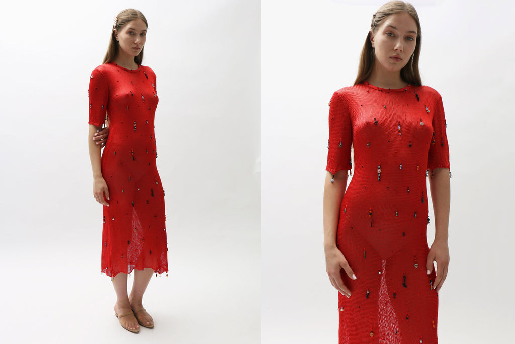 open lace back dress Red Hand Knit Dress