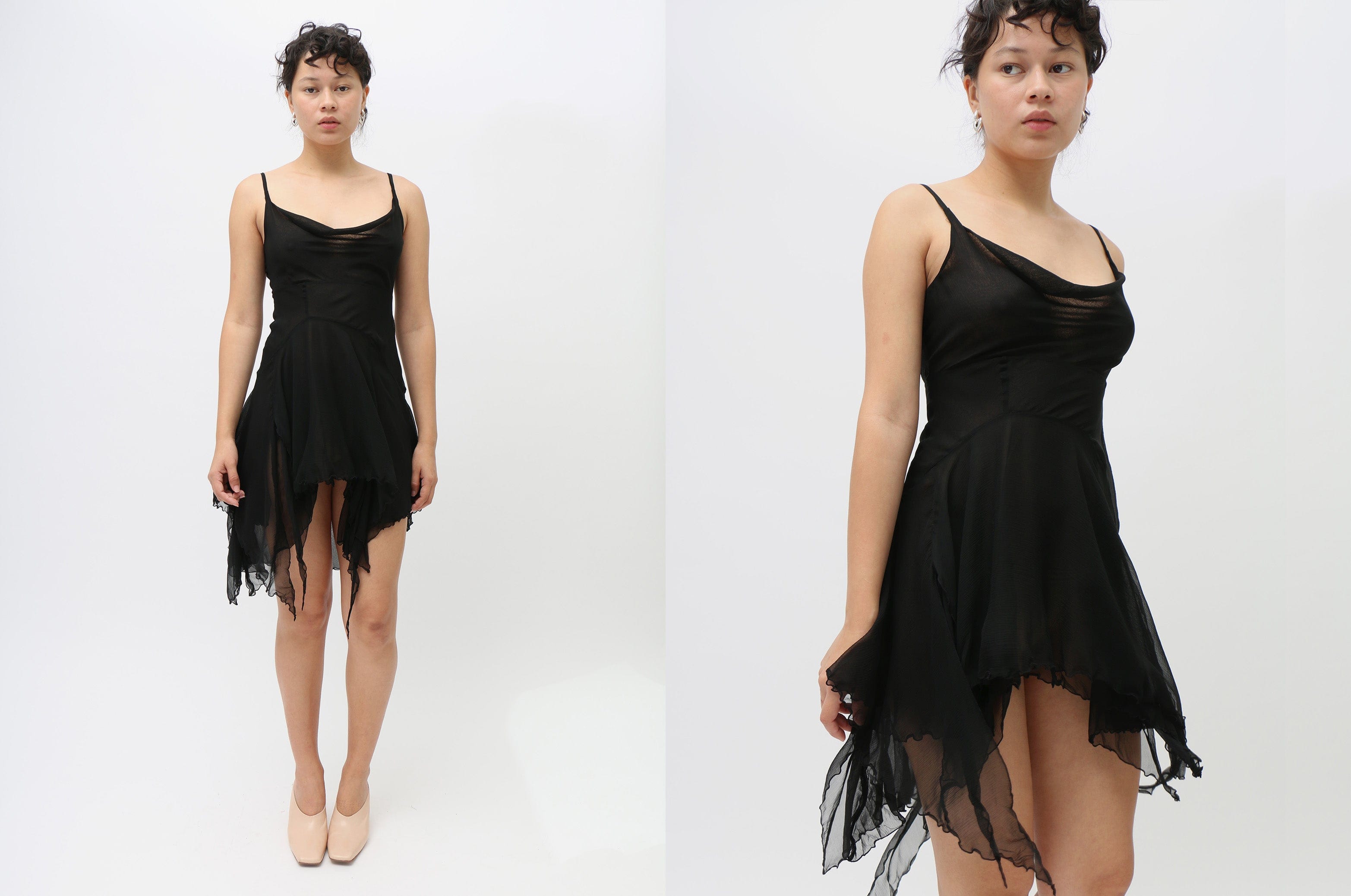 cowl neck handkerchief hem mini dress in black Priscavera ~ Black Cowl Neck Dress