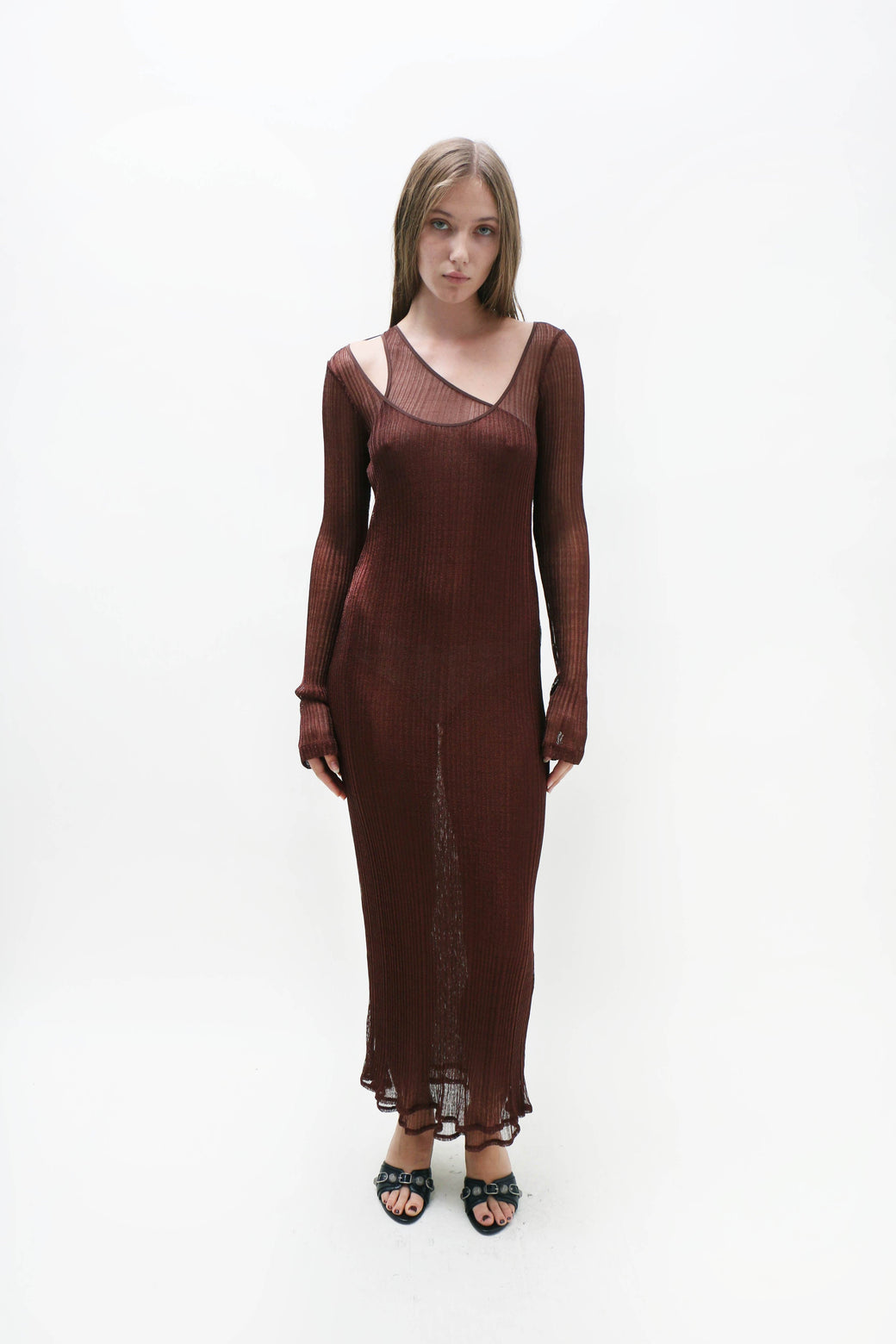 brown bronze dress Shining Luxury Bronze Metallic Lurex Cutout Maxi Dress