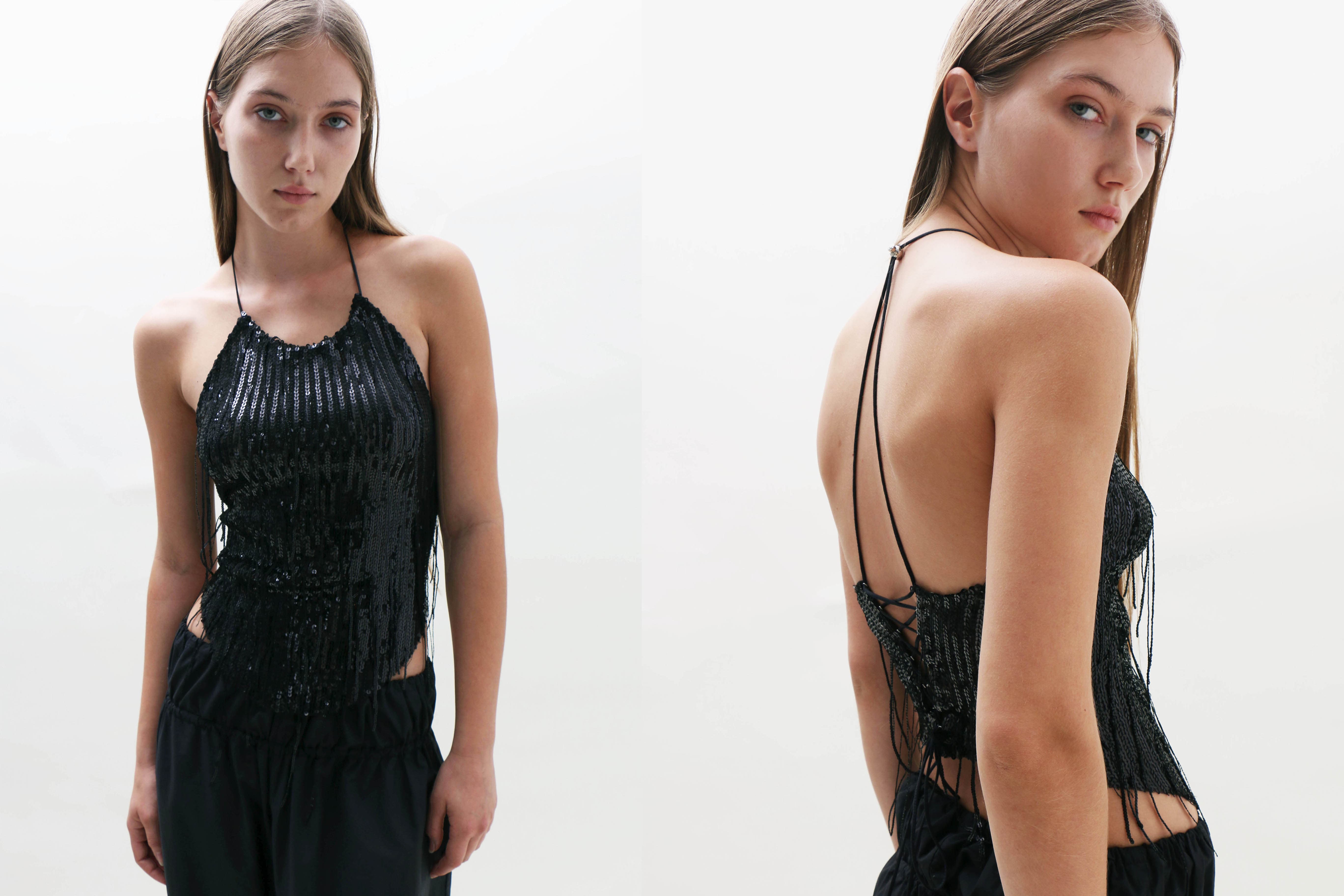 Maimoun Priscavera Black Sequin Halter Top