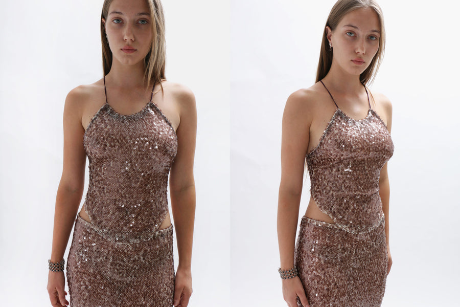 Maimoun Priscavera Sequin Net Lace-Up Halter Top