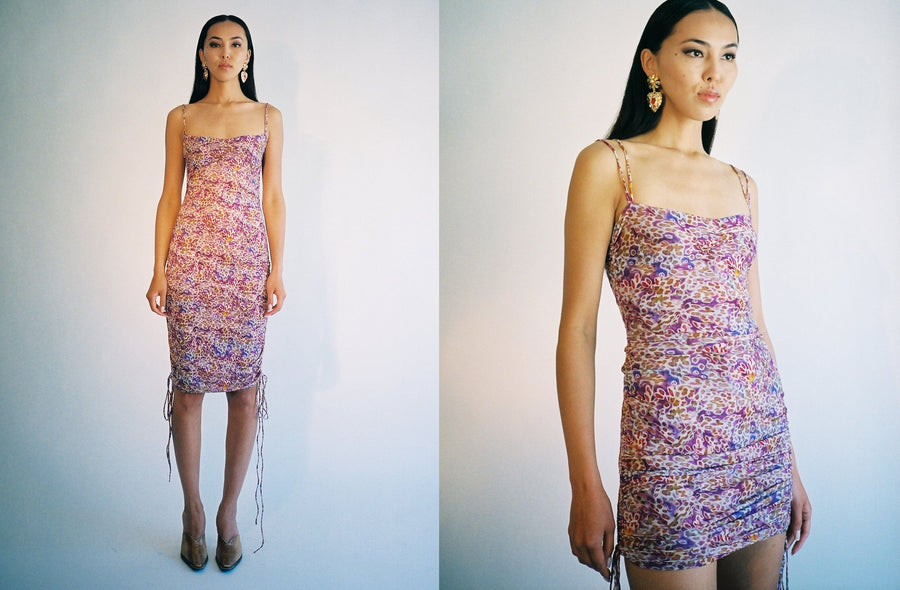 Maimoun Priscavera Leopard Orchids Ruched Dress