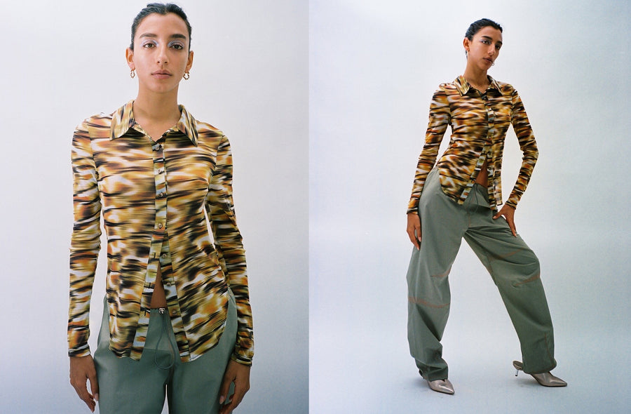 Maimoun Priscavera Savanna Printed Mesh Button Down