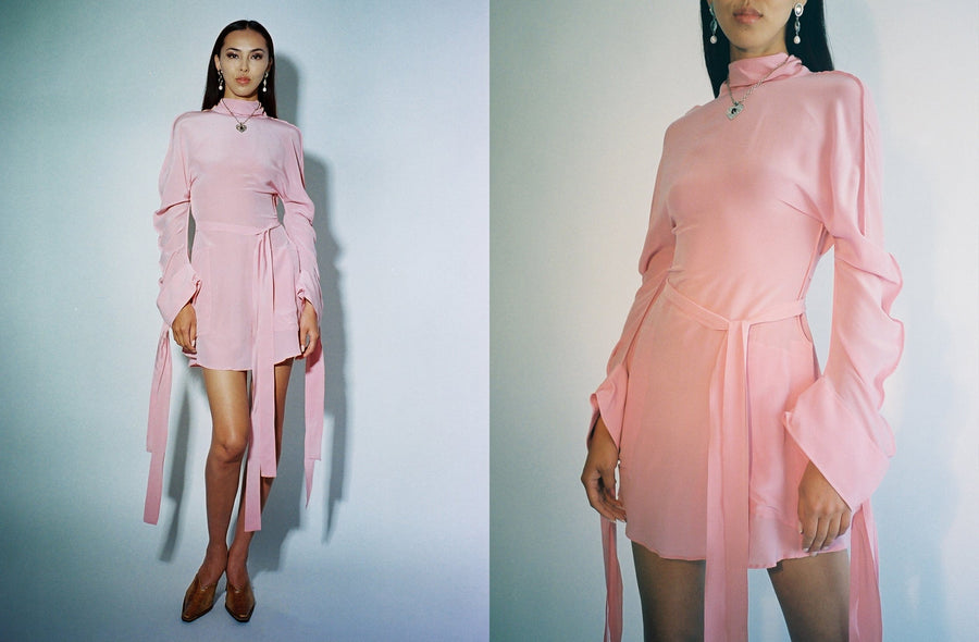 Maimoun Zoltán Tóth Pink Silk Mini Tie Dress